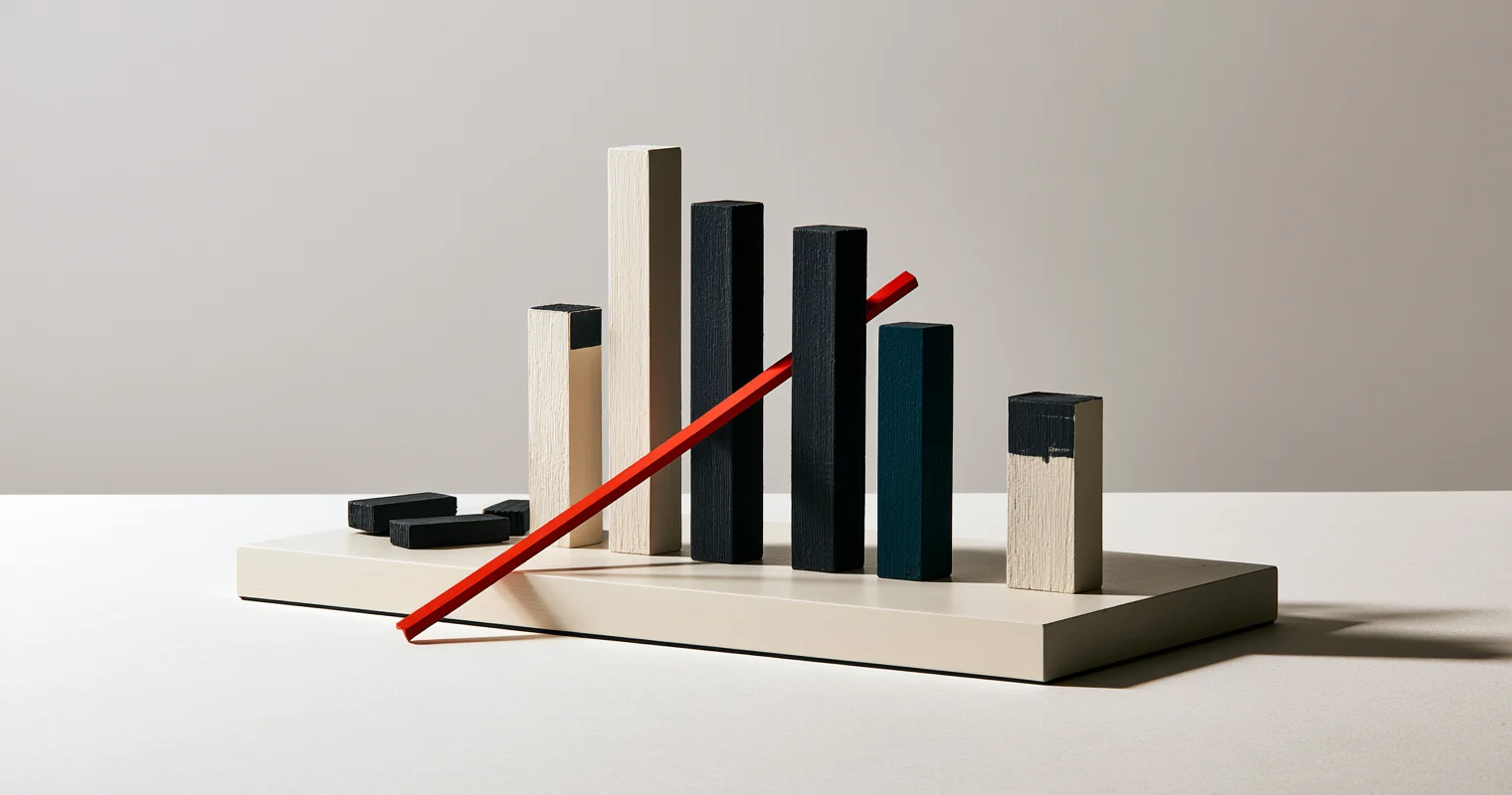 En frontalt fotograferad maquette av målade träblock där sju upprätta moduler står i grupp på en benvit plattform, med två röda stavar varav en diagonal och en liten turkos detalj i mitten.
