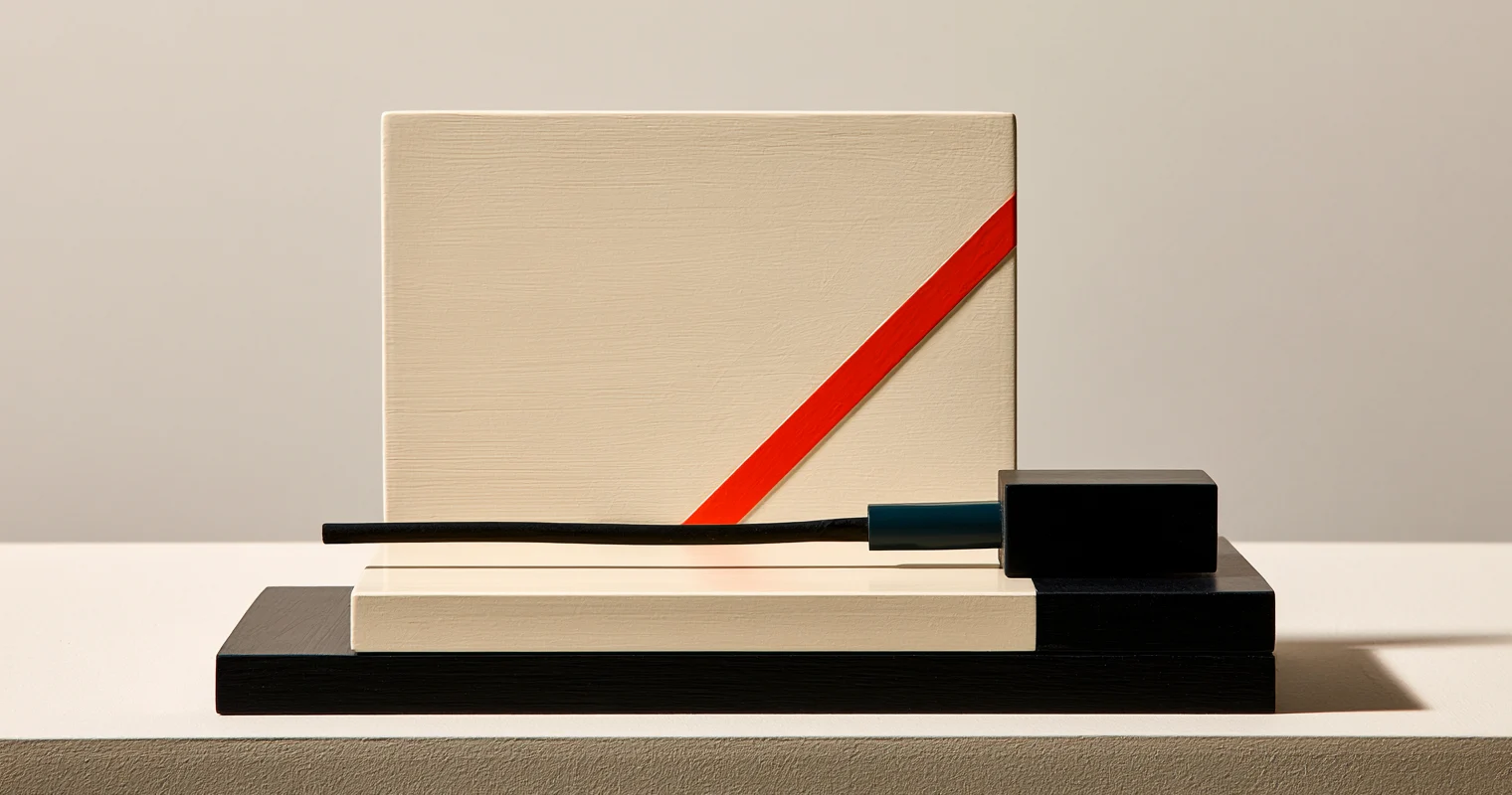 En frontvänd, konstruktivistisk maquette i benvitt och svart trä, med ett diagonalt klarrött band och en liten mörk turkos kabel ansluten till en svart kloss.