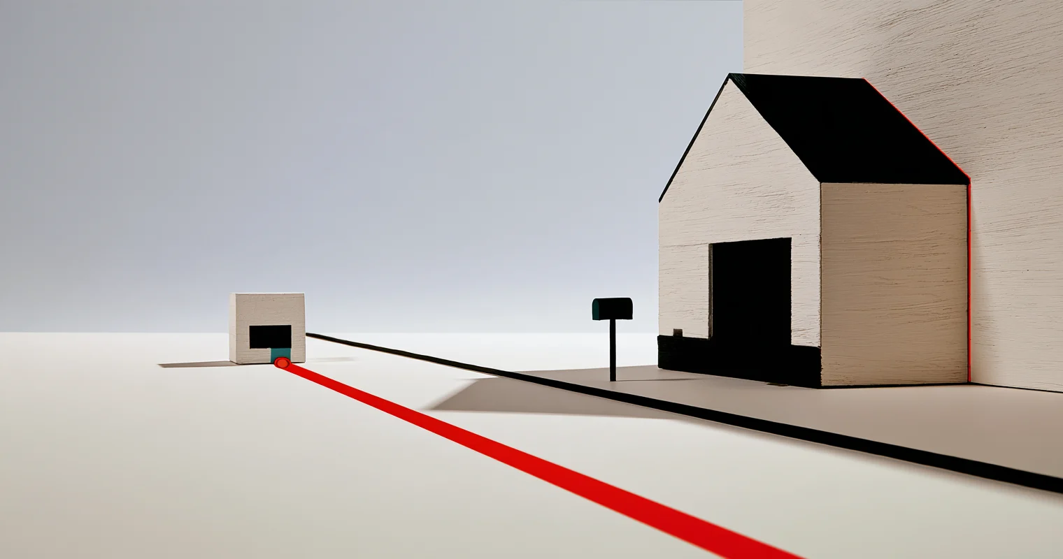 Ljus trämodell av ett hus med svart tak till höger och en mindre ljus kloss till vänster. En tunn svart linje går mellan dem, medan en bred röd linje löper från klossen mot bildens framkant. En liten mörk skylt står framför huset.