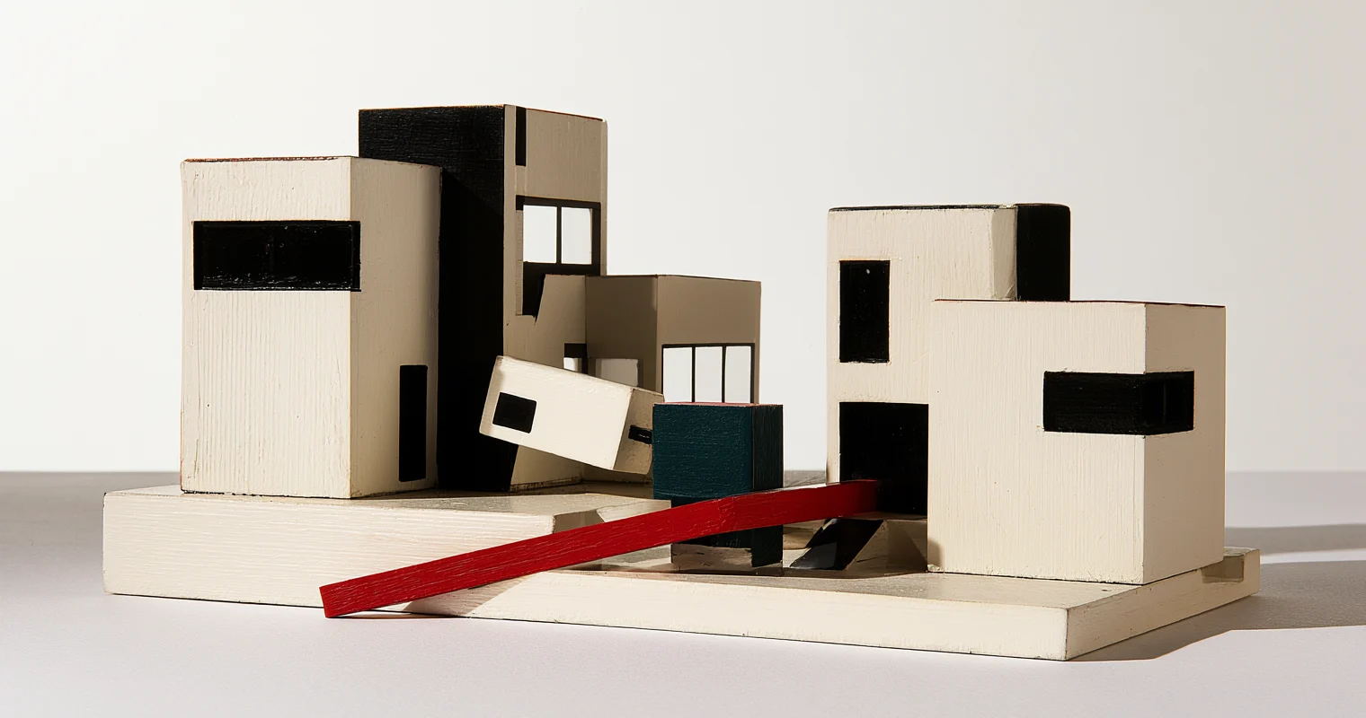 Två vita arkitekturmodeller på separata socklar, med svarta öppningar, en lutande byggnadsdel och en lång röd list mellan modellerna.