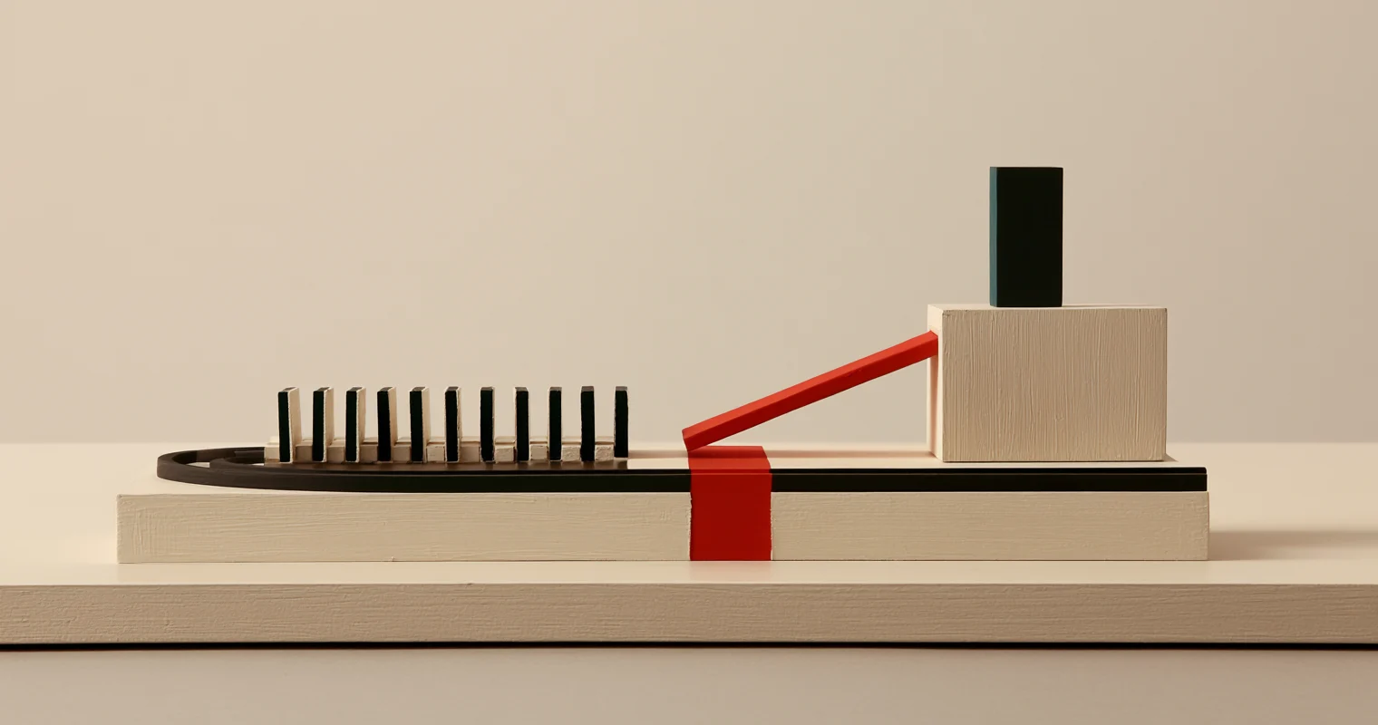 Frontvänd trämaquette: en rad upprättstående brickor med svarta framsidor står tätt på ett svart ovalt spår, och en scharlakansröd diagonal reser sig från spåret upp mot ett benvitt block med en mörkt turkos detalj ovanpå.