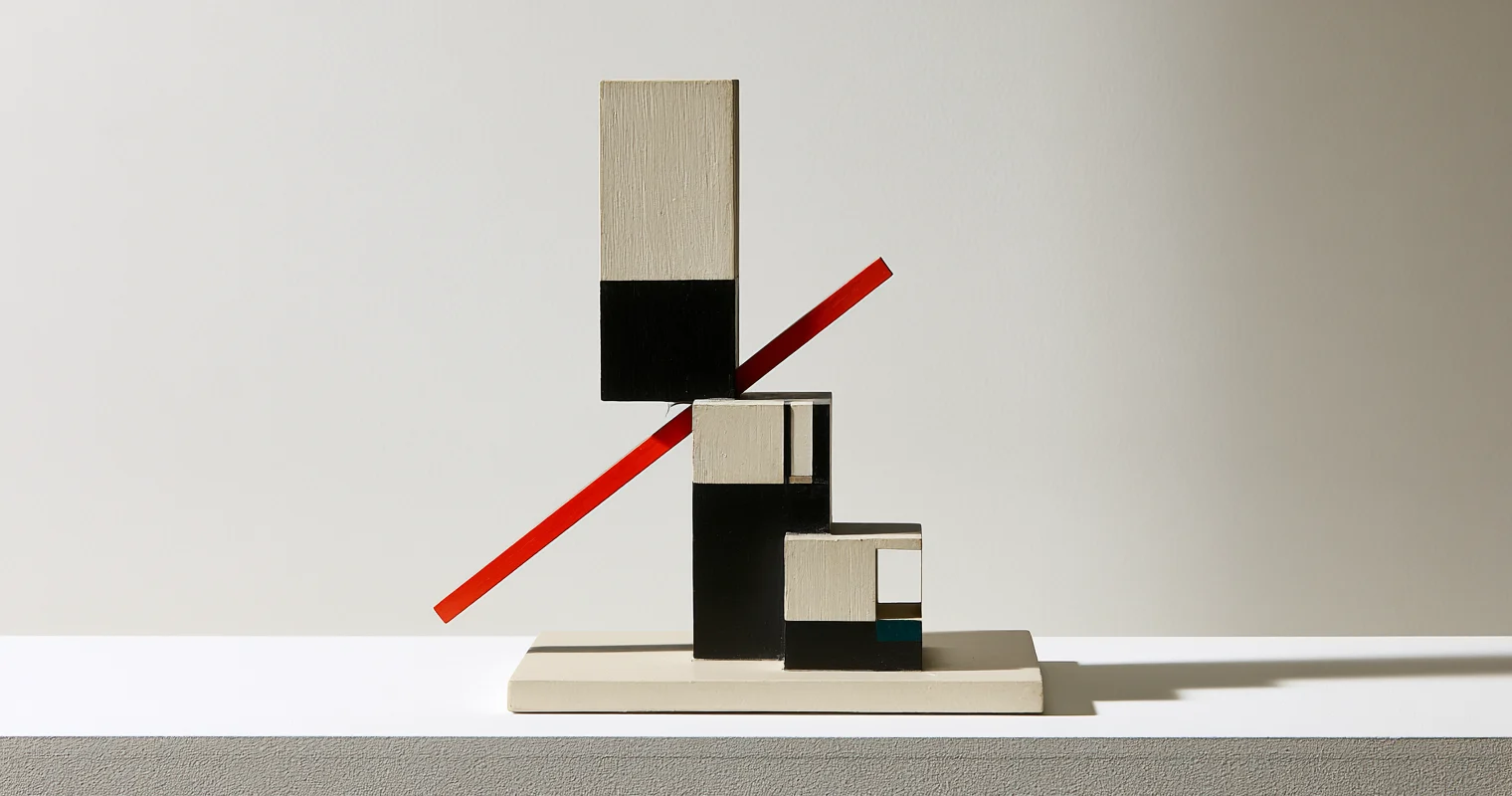 Frontvänd trämaquette med tre svart- och benvita mätkolumner i fallande höjd, ett ihåligt kort slutsteg, en liten turkos detalj och en röd diagonal.
