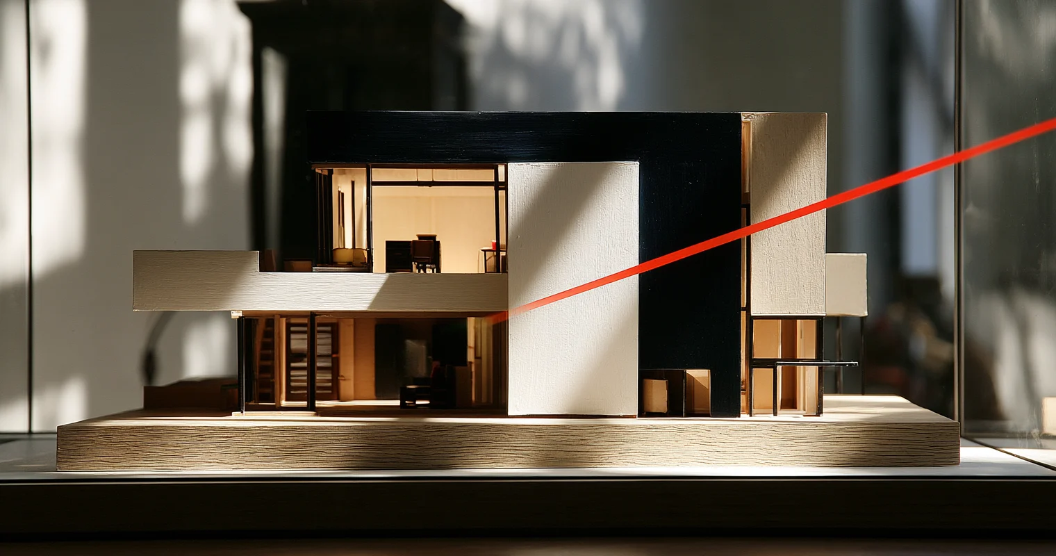 Arkitektmodell av ett hus i svart och benvitt med öppna fasader som visar möblerade rum, på en träplatta, med en röd diagonal linje tvärs över bilden.