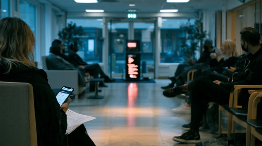 En stillsam vänthall i en svensk arbetsförmedlingsmiljö där flera personer sitter med mobiltelefoner och dokument i händerna, belysta av kallt morgonljus och skärmar, med en känsla av väntan, administrativ press och lågmäld oro. Om du vill kan jag också ge dig en kortare variant anpassad för HTML-attribut, till exempel: En vänthall i arbetsförmedlingsmiljö där människor väntar med mobiler och dokument, i en stämning av administrativ press och stillsam oro.