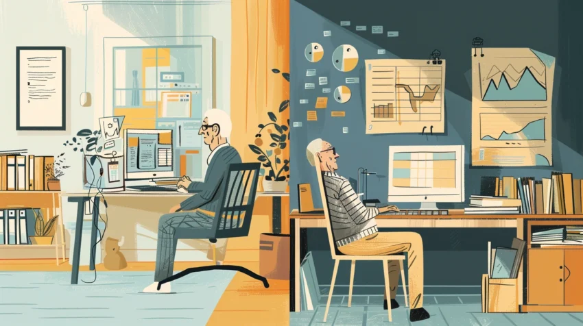 Illustration av två personer vid varsin dator i ett delat kontorsmotiv: vänster sida visar ljus arbetsmiljö med dokument, höger sida mörkare miljö med diagram och grafer på väggen.