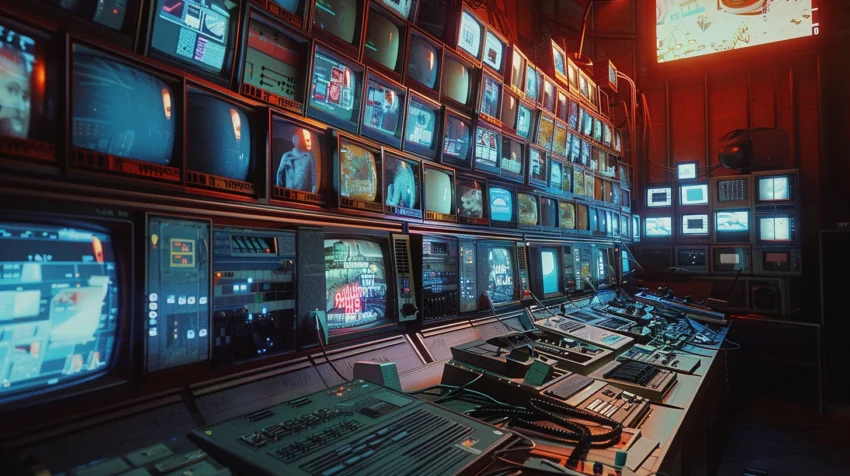 En redigeringsstudio med 80-tals-TV-skärmar övergår visuellt i ett modernt sociala-medier-flöde, där subkulturella uttryck gradvis blir reklamliknande estetik, som en bild av hur motkultur absorberas av marknaden.