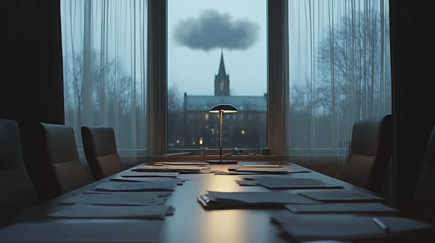 Ett stilla myndighetsrum i skymningsljus där dokument och papper ligger utspridda på ett konferensbord, medan ett diffust moln svävar över bordet och en kyrkliknande byggnad anas i fönstrets reflektion.